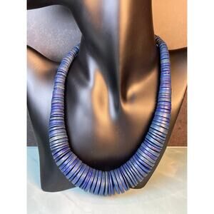 Blue Wood Disc Graduated Beaded Chunky Boho Necklace